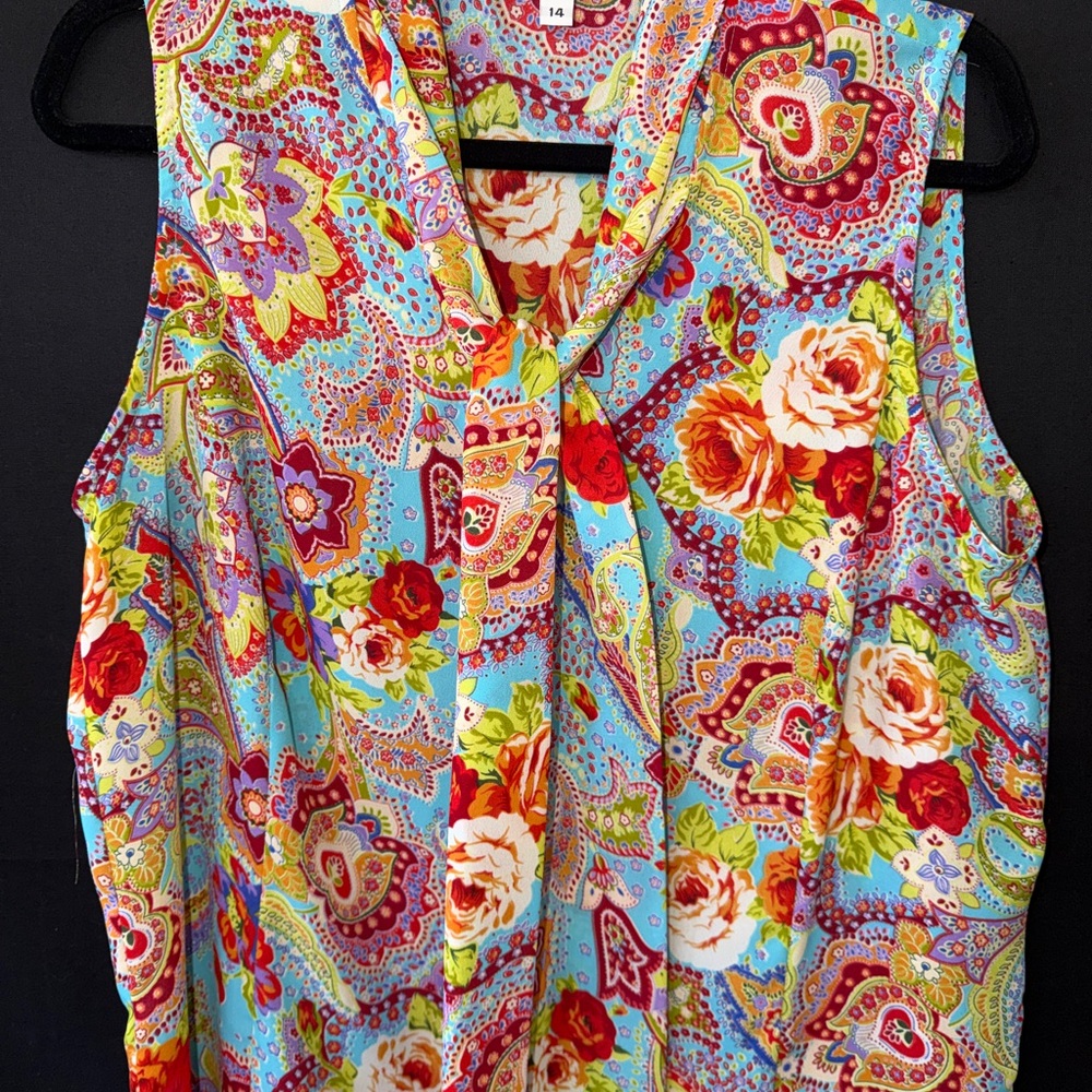 TOTO n KO Womens Size 14 Sleeveless Blouse Paisley Floral Tie Neck Blue